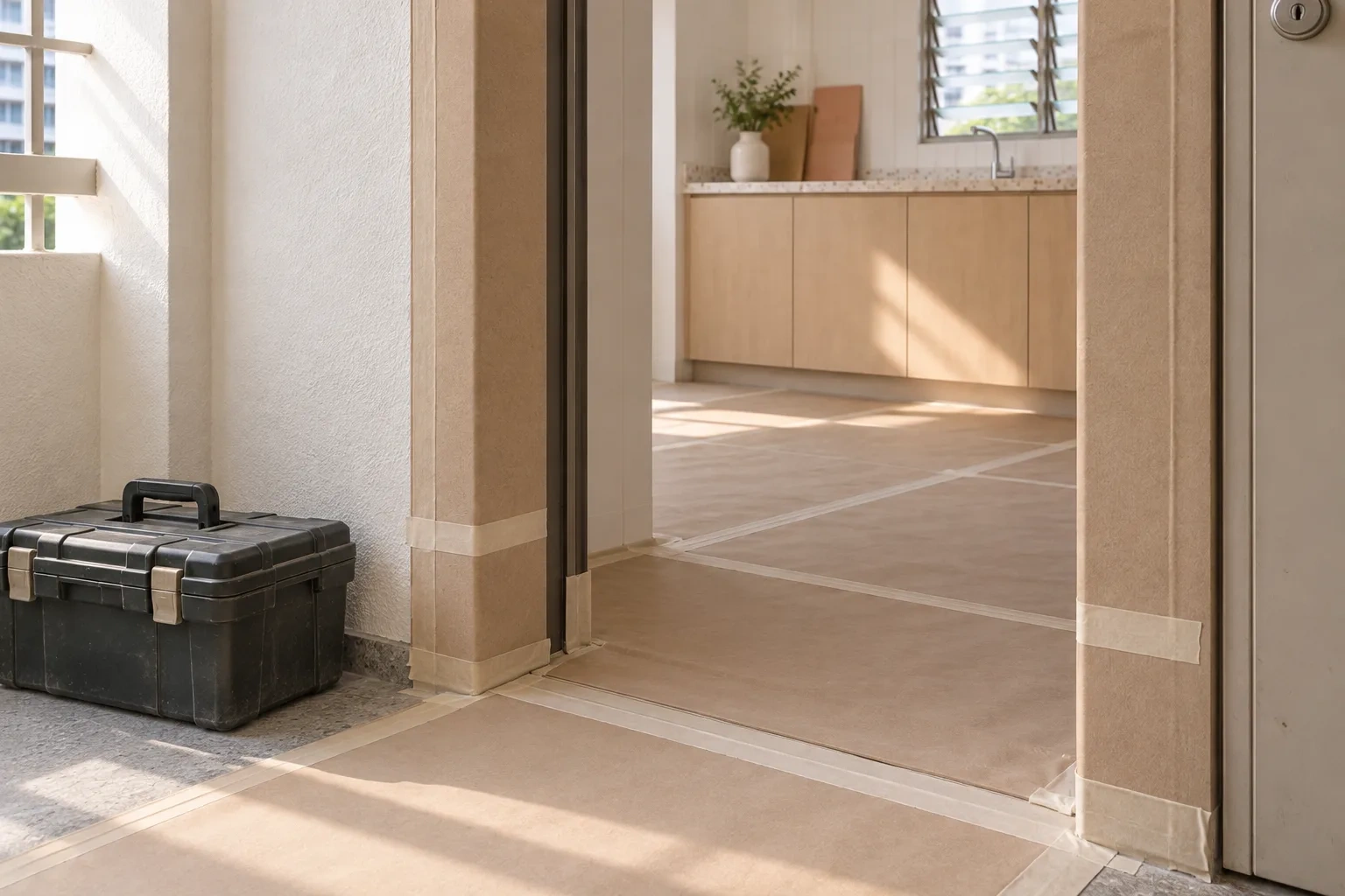 Protective board wraps a flat doorway above taped floor sheets beside a closed toolbox.
