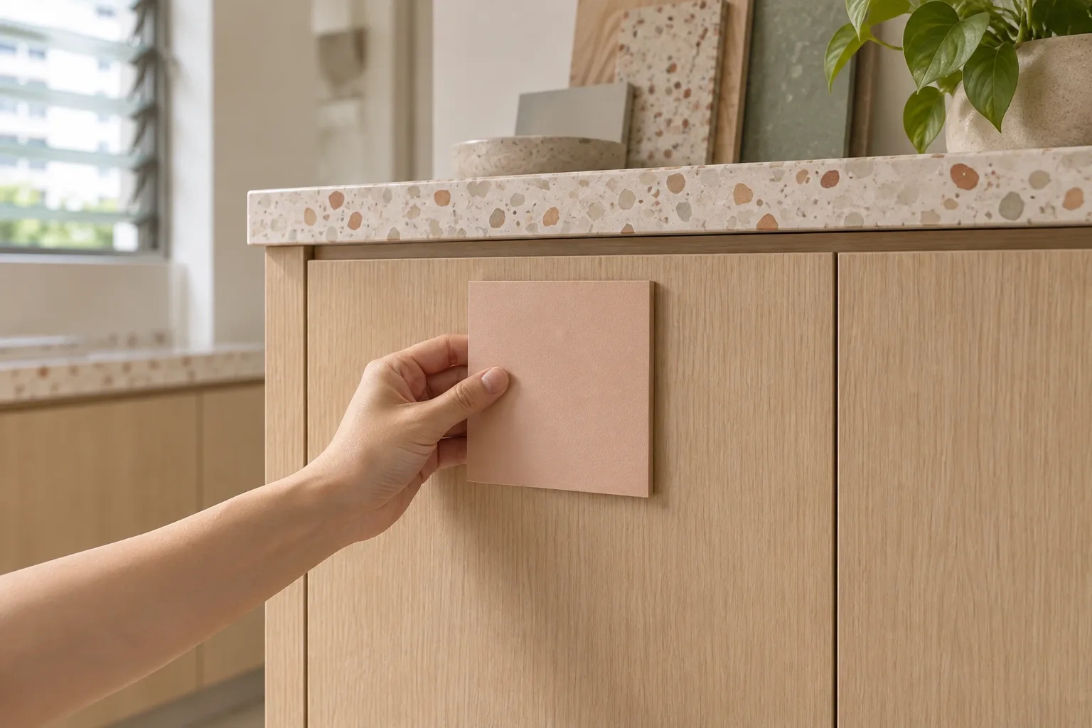 An anonymous hand holds a peach laminate sample against a pale oak cabinet door.