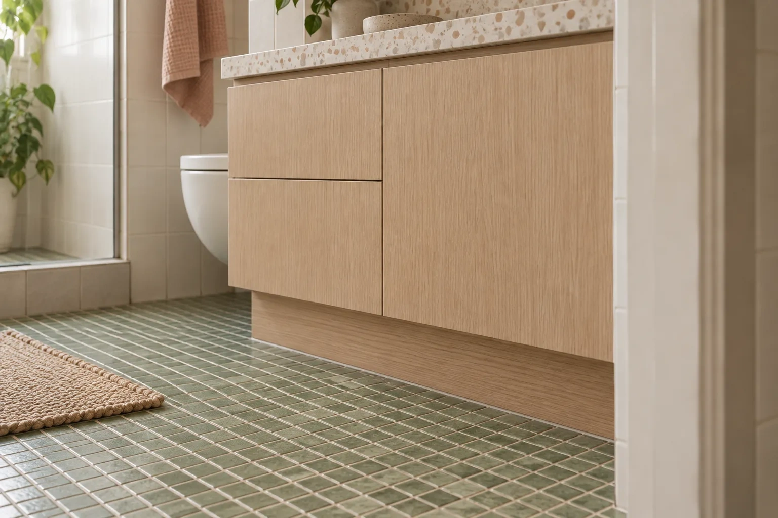 A green mosaic bathroom floor meets the pale oak plinth of a new vanity.