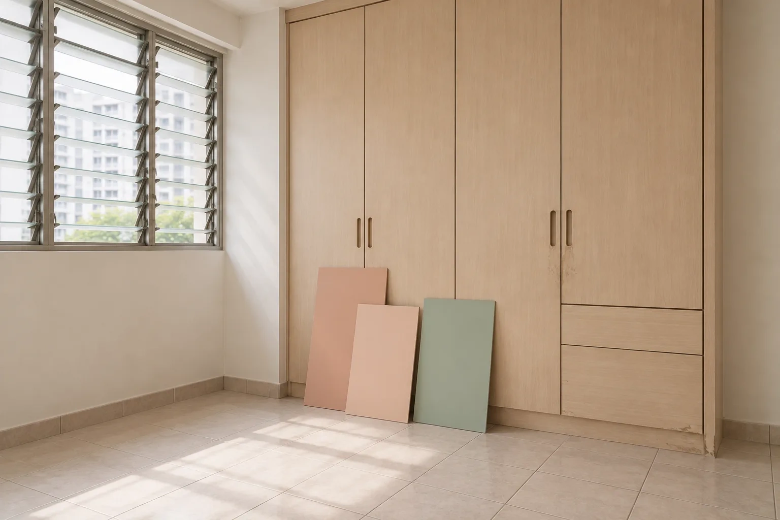 Three peach and celadon paint boards lean against a kept pale timber wardrobe in an empty bedroom.