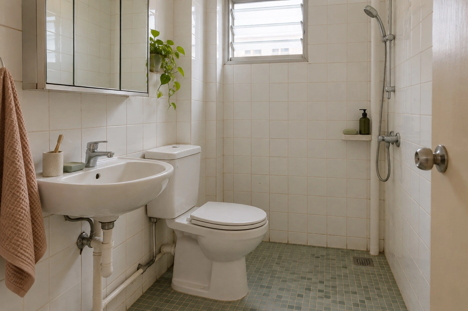 Before: Small dated bathroom with green mosaic floor and white tiled walls. After: Refreshed celadon bathroom with pale oak vanity and terrazzo floor.