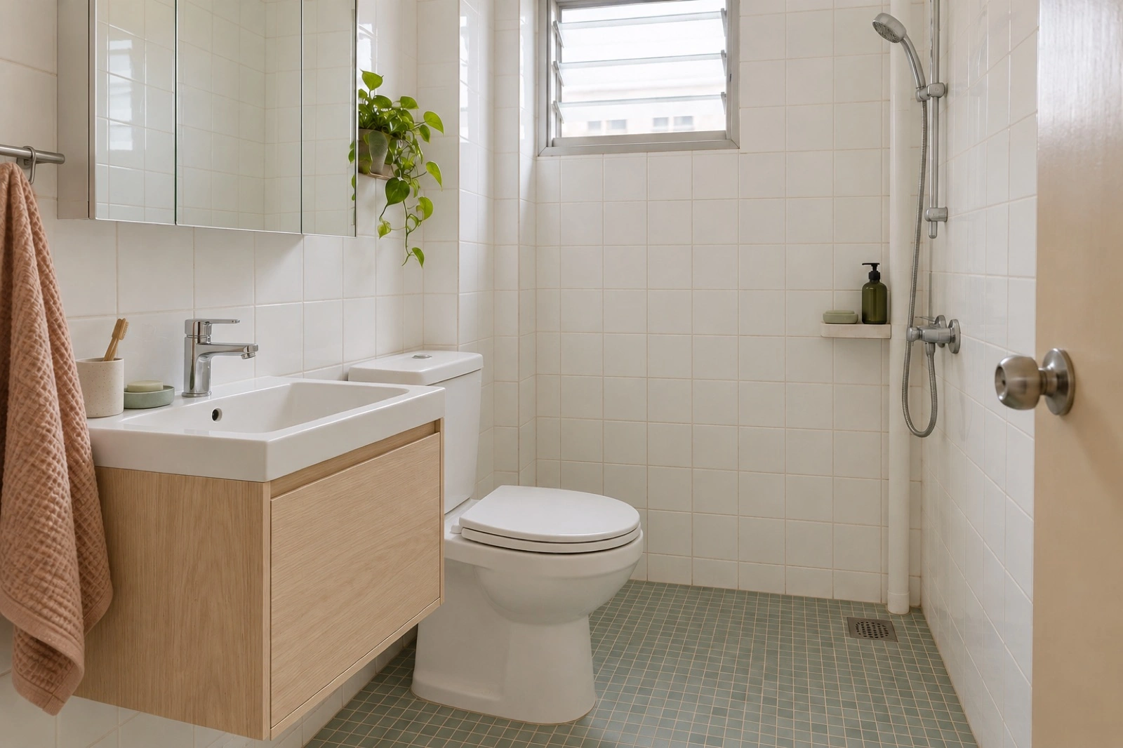 Small bathroom keeping its white wall tiles and green mosaic floor, with a new oak vanity, basin and mirror.