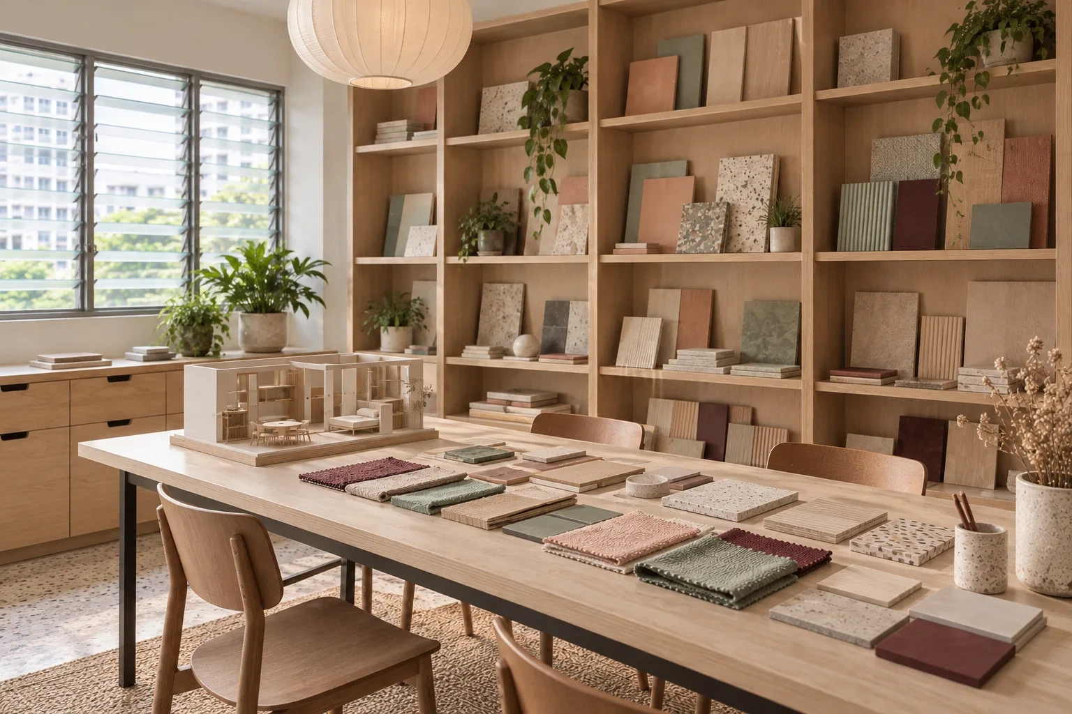 Tall oak sample shelves overlook a long table of fabric swatches and a small cutaway room model.