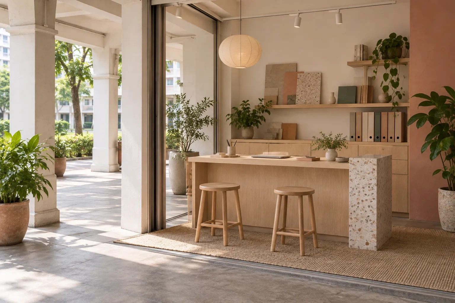 A pale oak home-care counter with blank folders and two stools opens onto a sheltered HDB walkway.