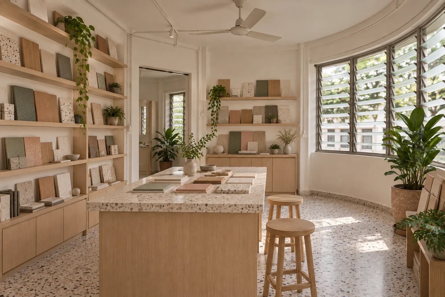 Tile and laminate samples line open shelves in a curved material room with louvred windows and a terrazzo floor.