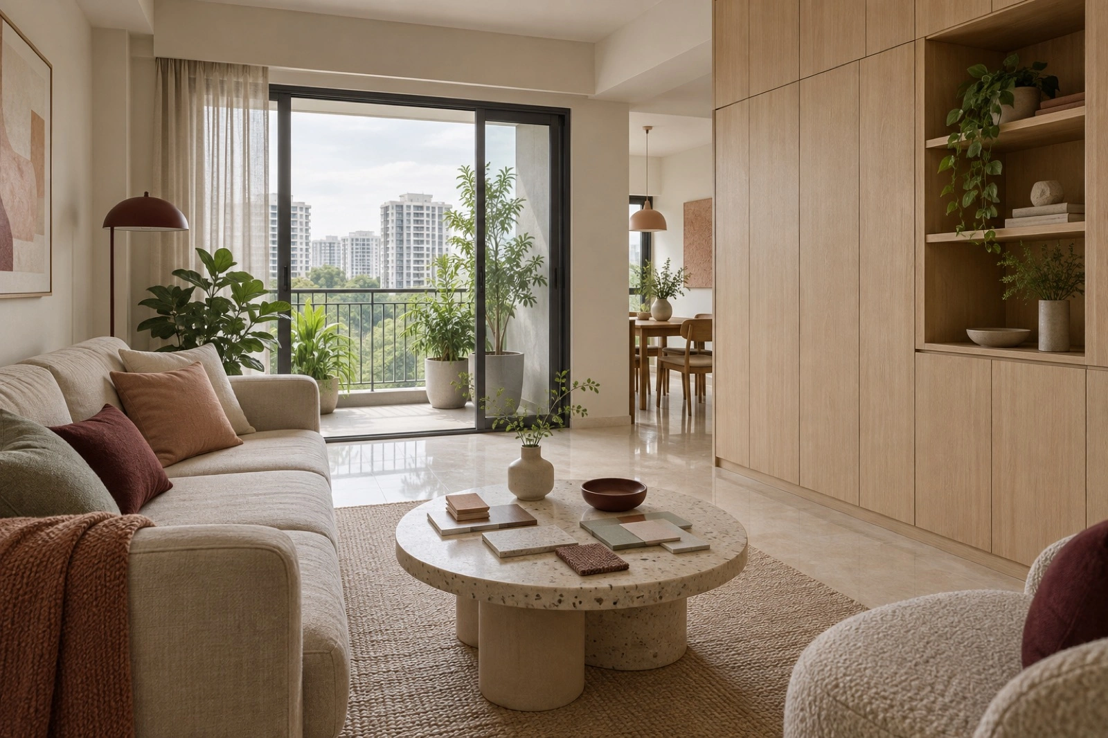 Modest condominium living area with retained oak storage and material samples.