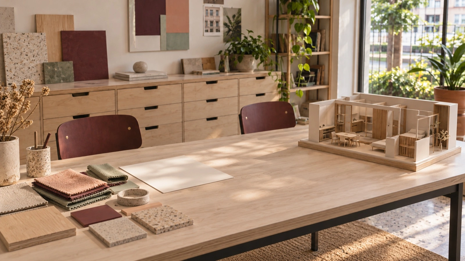 Film poster: a cutaway model home on a material table, with a brief sheet beside it.