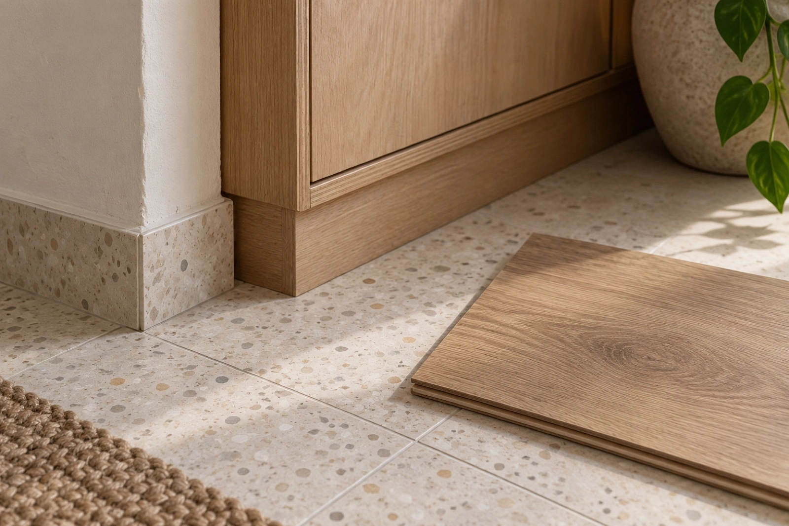 Loose oak-look flooring sample beside retained joinery on an existing ceramic floor.