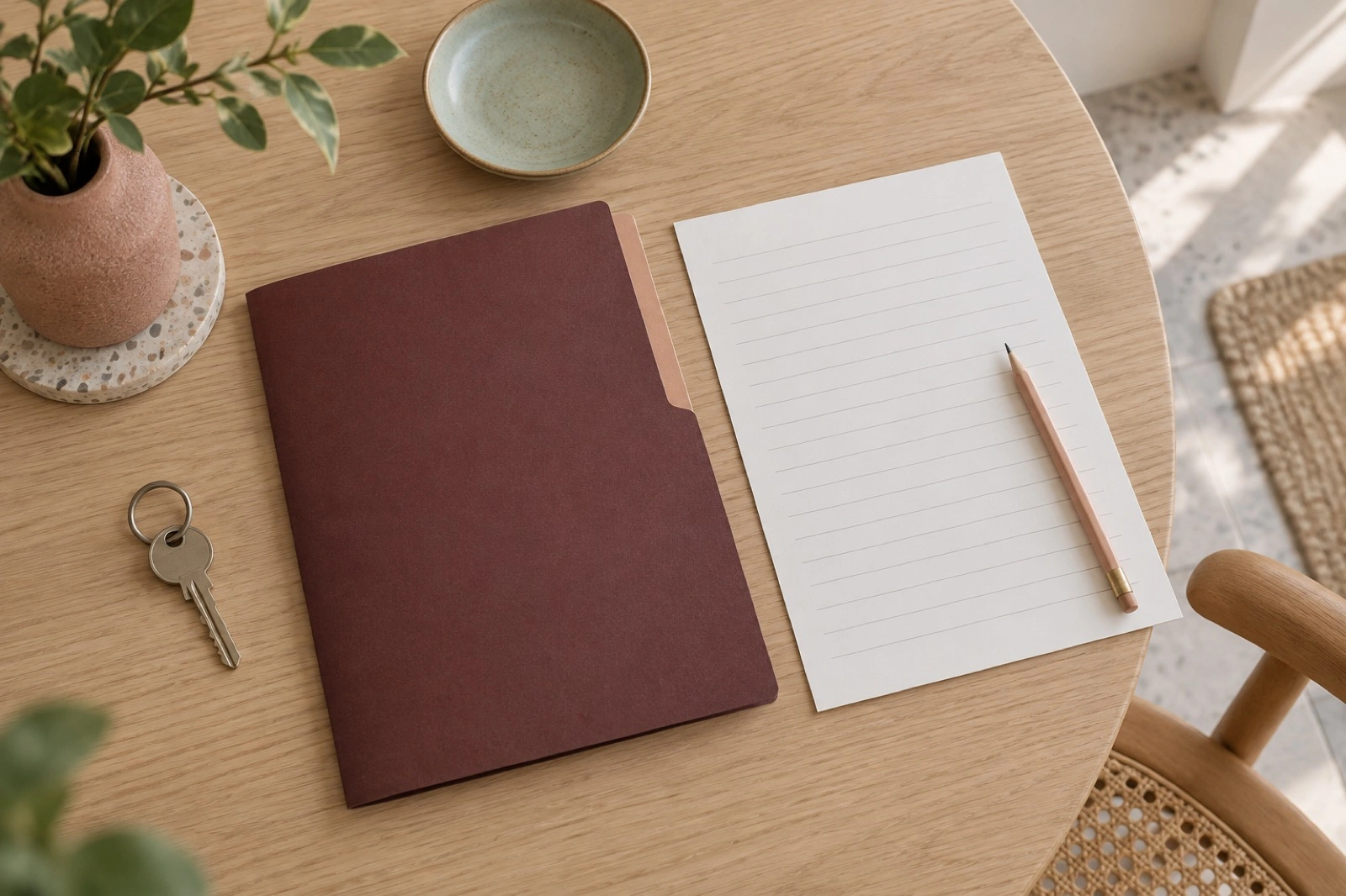 Door key, blank care folder and empty lined checklist on a pale oak table.