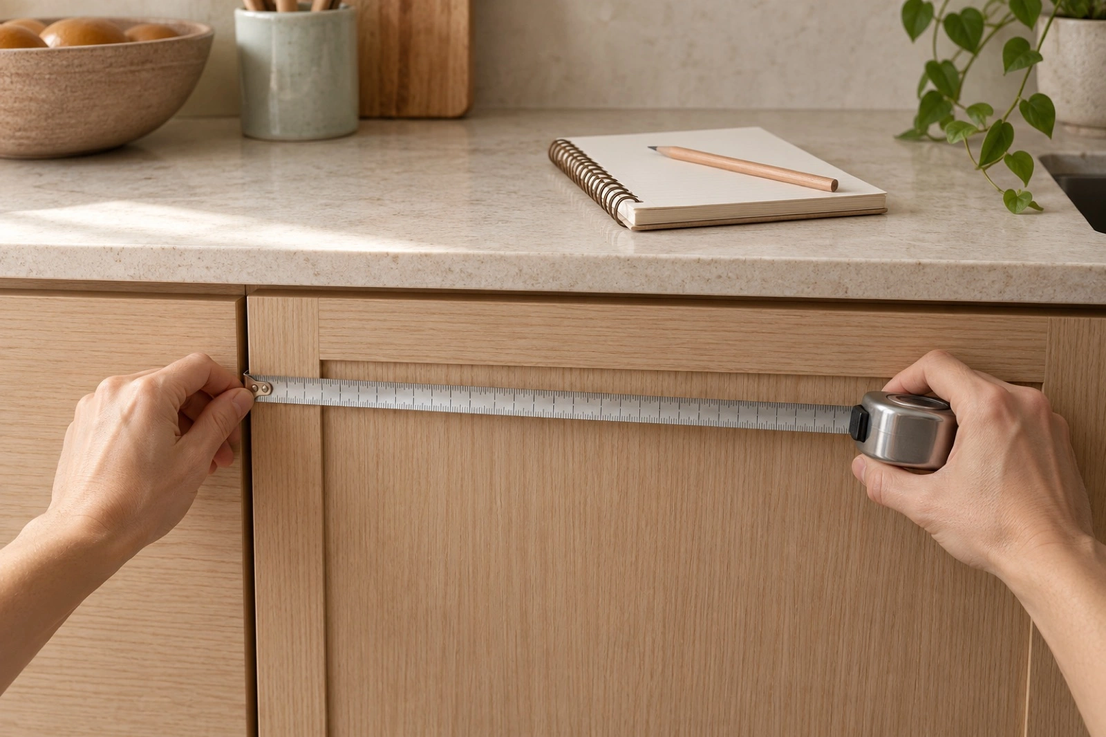 Hands measuring an existing kitchen cabinet with a tape measure beside a sample board.