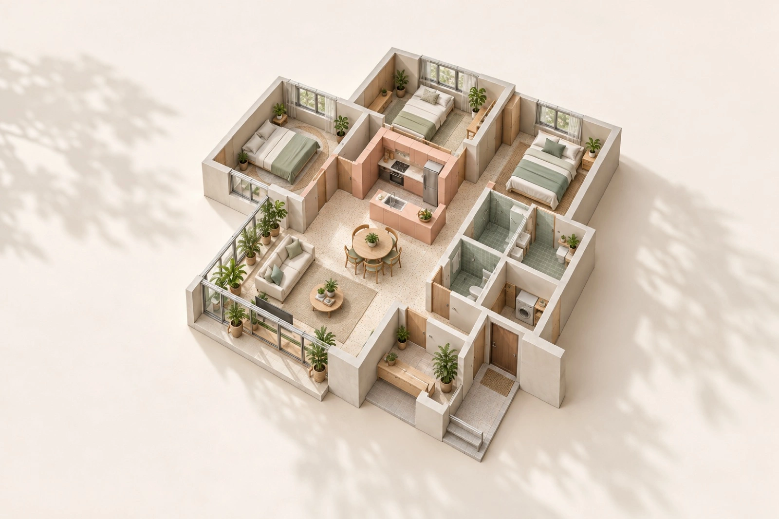 Handmade cutaway model of a modest Singapore flat with peach kitchen and celadon bathrooms.
