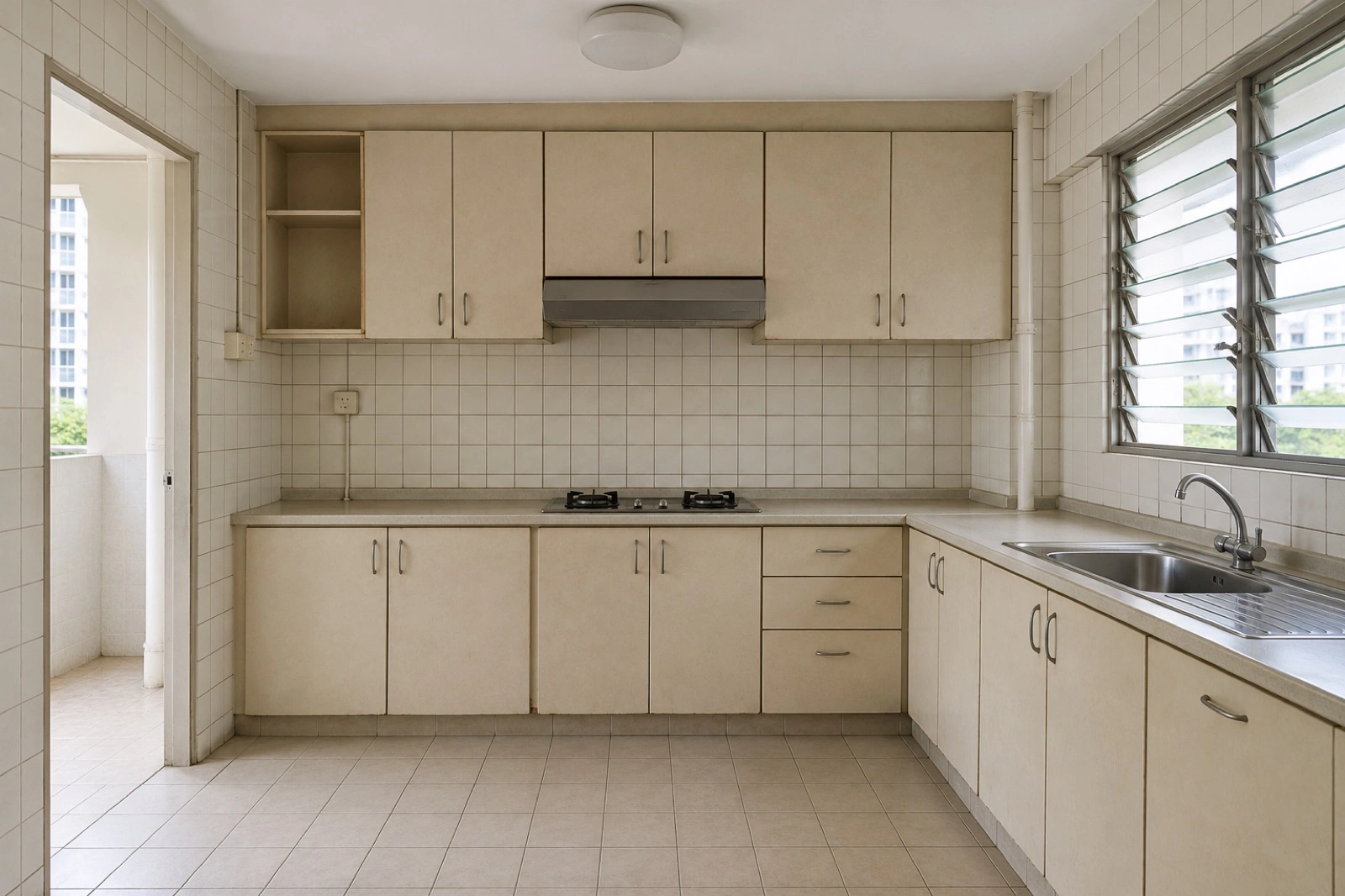 Before: Empty dated HDB kitchen with beige cabinets and a louvred window. After: Renewed peach and oak kitchen with terrazzo worktop, retaining the original layout.