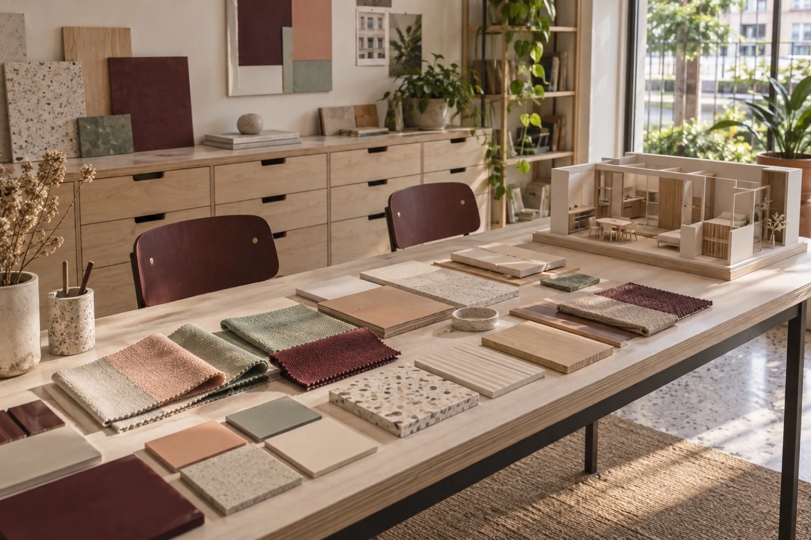 A long material table with tile, laminate and fabric samples, drawers behind it and a small model home at one end.