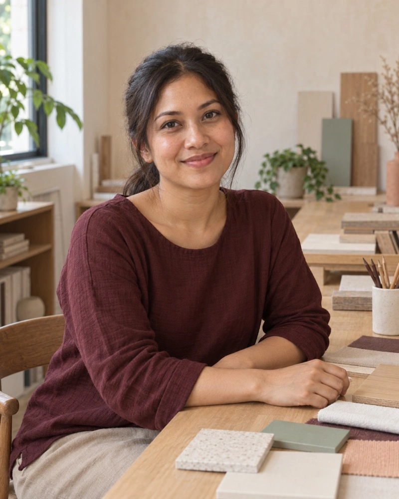 Invented Asha Lim in an oxblood top seated beside the studio sample table.