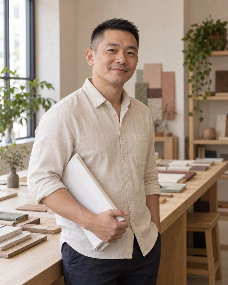 Invented Daniel Goh standing with a folded drawing set under one arm.