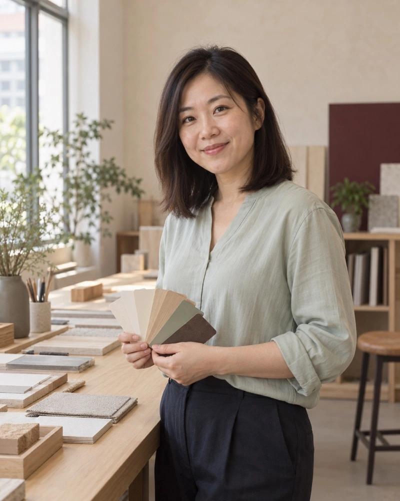 Invented Elaine Koh in a celadon blouse holding a fan of laminate chips.