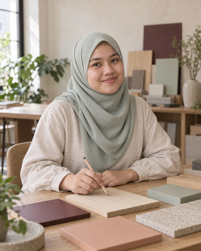 Invented Nur Hana in a celadon tudung holding a pencil at the sample table.