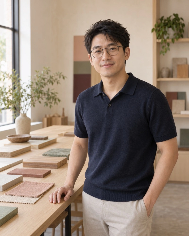 Invented Julian Teo wearing glasses and a navy knit polo beside the sample table.