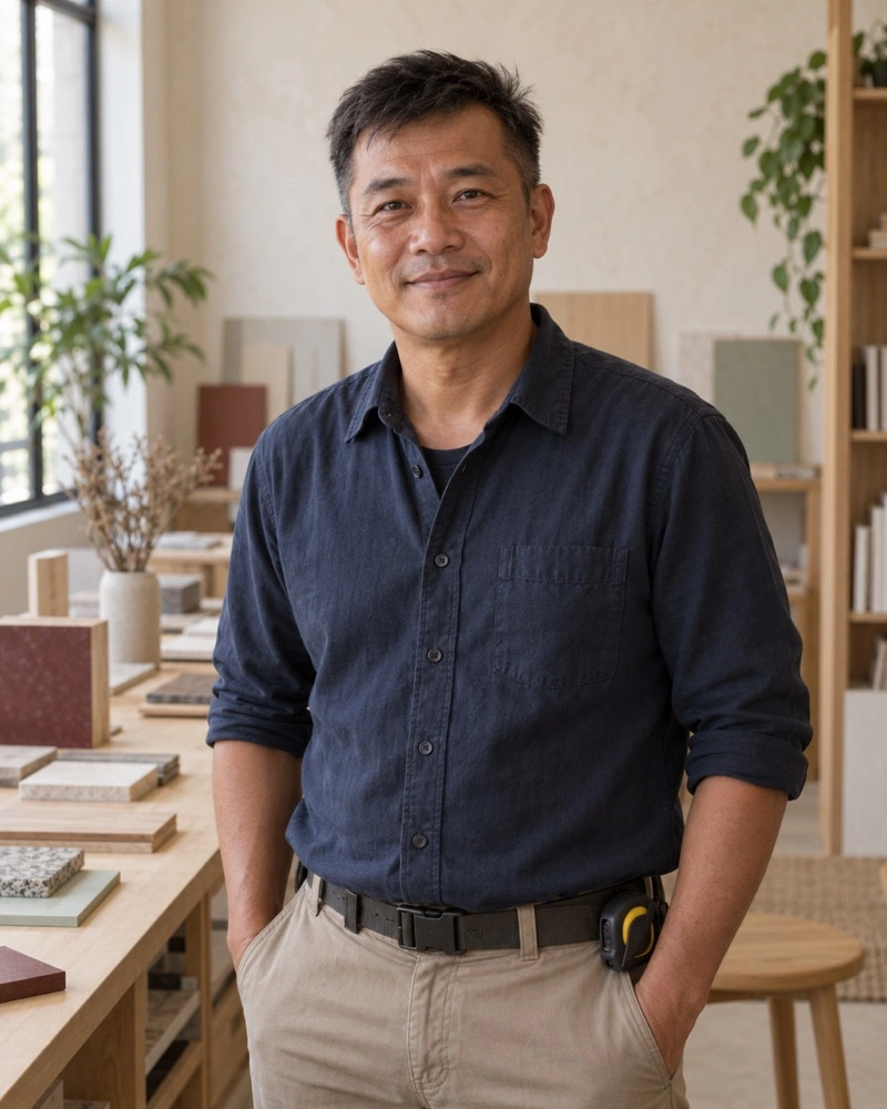 Invented Marcus Low in a navy work shirt with a plain tape measure clipped to his belt.