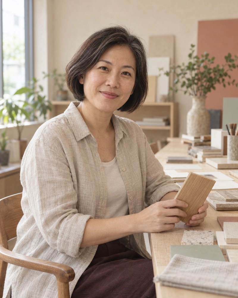 Invented Mei Tan in an oatmeal linen overshirt holding a timber sample in the studio.