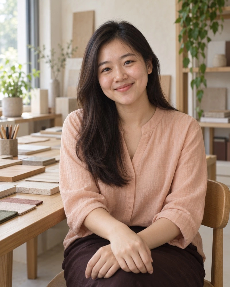 Invented Rachel Ong in a peach blouse smiling beside the studio sample table.