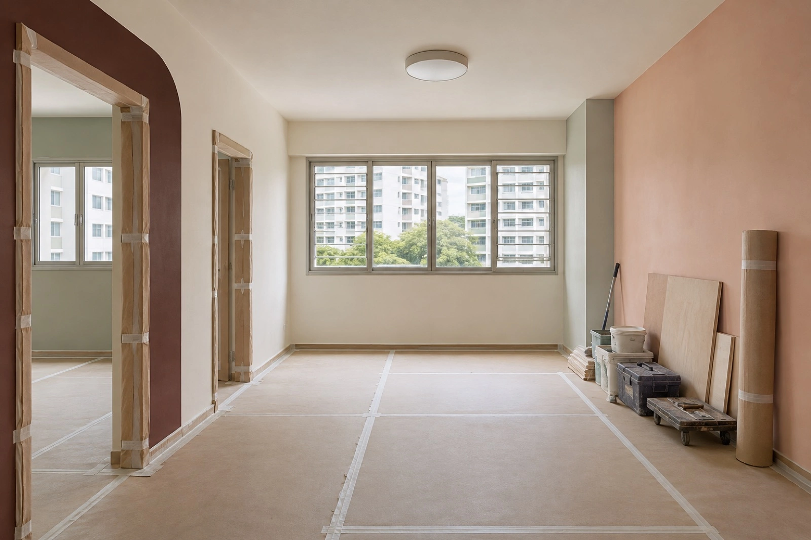 Empty resale room with protected floor, wrapped door frames and neatly stored tools.