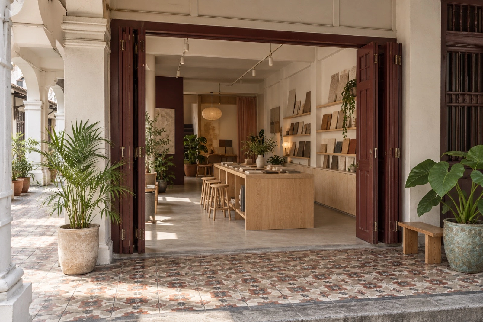 Invented shophouse studio front with open timber doors, patterned walkway tiles and potted plants.